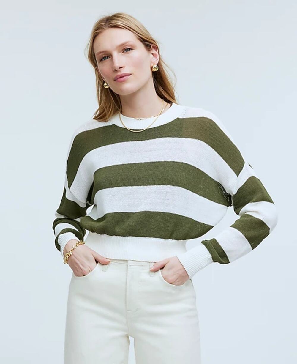 Madewell Loose Knit Crewneck Lightweight Sweater Bright Ivory Green XS NWT